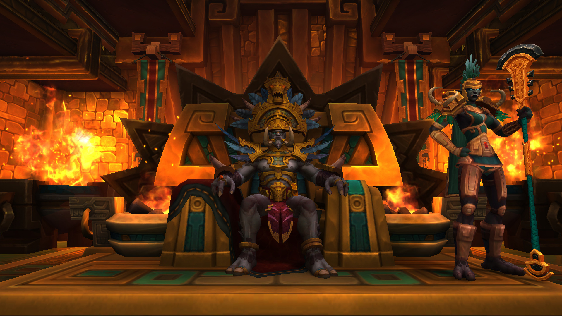 Le roi Rastakhan sur son trône doré dans World of Warcraft